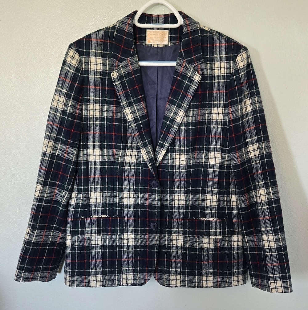 Pendleton | VTG Green Plaid Virgin Wool Blazer Size 14 Medium